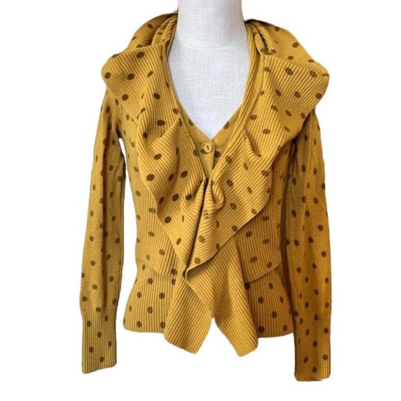 Anthropologie Moth Van Wrinkle Mustard Gold Dot Ruffle Cardigan Sweater Size XS - Picture 12 of 12